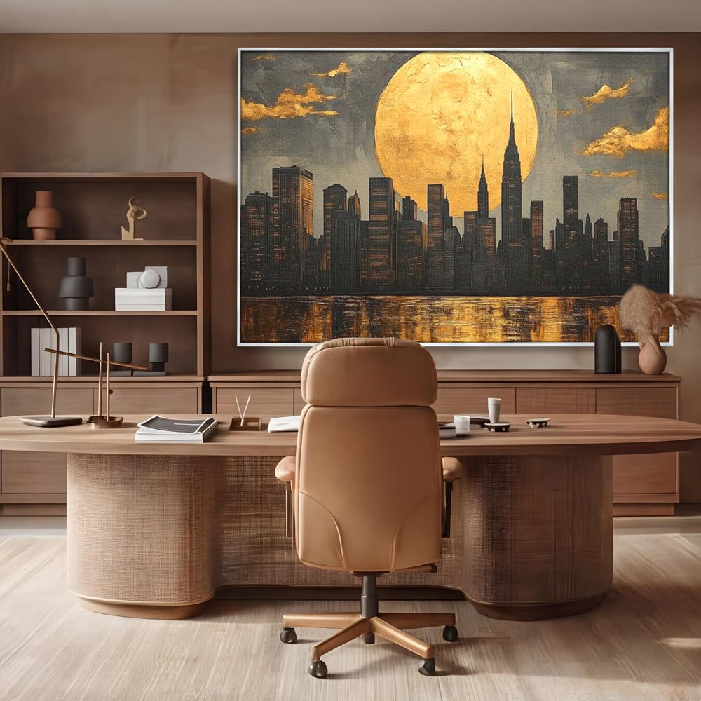 Tablou canvas cu pictura orizontala cu metropola si luna aurie, in rama de aluminiu argintiu, pe perete intr-un birou